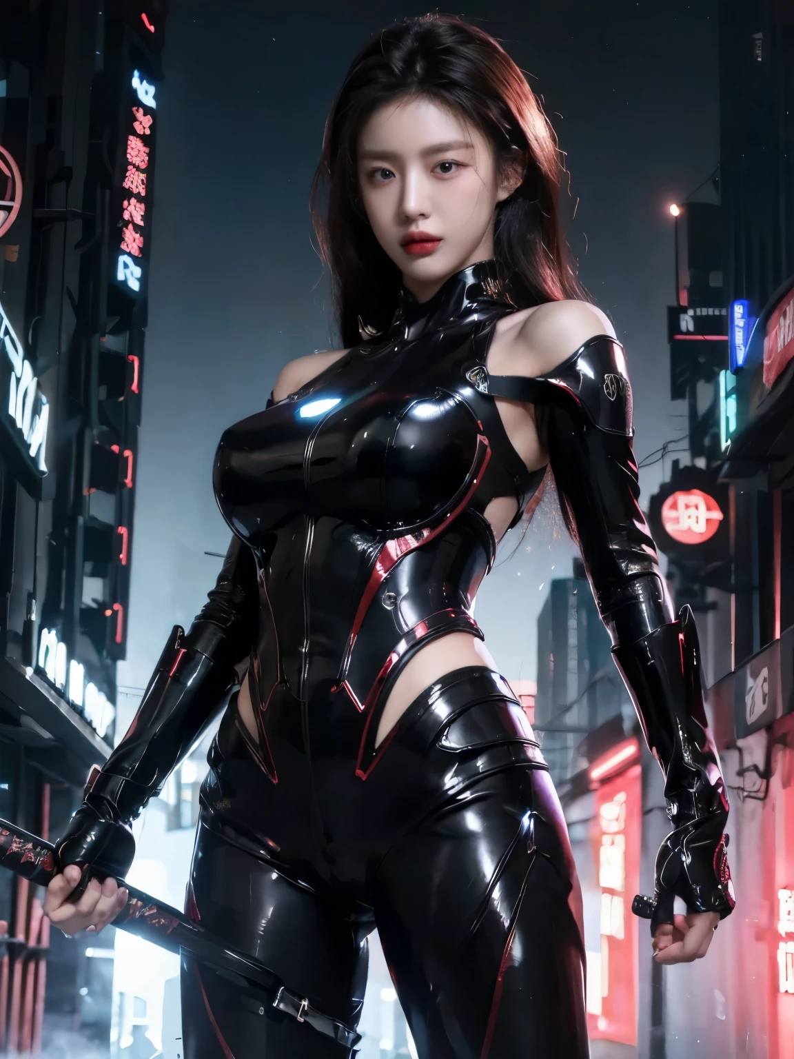 Koreanischer Mädchenmörder, Aktionspose, verführerisches Outfit, schwarzes Haar, hält ein Kurzschwert, steh gerade, Taille verdrehen., Hi-tech set, Glänzendes schwarzes futuristisches Outfit, halber Roboter, tatsächliche Proportionen