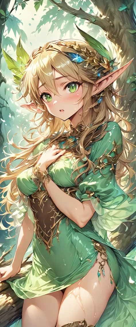 ((masterpiece)), ((best quality)), ((high resolution)), ((Extremely detailed CG unified 8k wallpaper)), ((on a tree branch in the deep forest:1.3)), ((Elven woman cartoon character, Pointed elf ears, wavy blonde hair, green eyes, Bare Skin:1.2)), cowboy shot, skin is wet and shiny, Wearing a flowing minidress and leather armor with gold decorations, Long leather boots, ((tilts head, View from the front:1.2)), ((squat with legs apart)), 