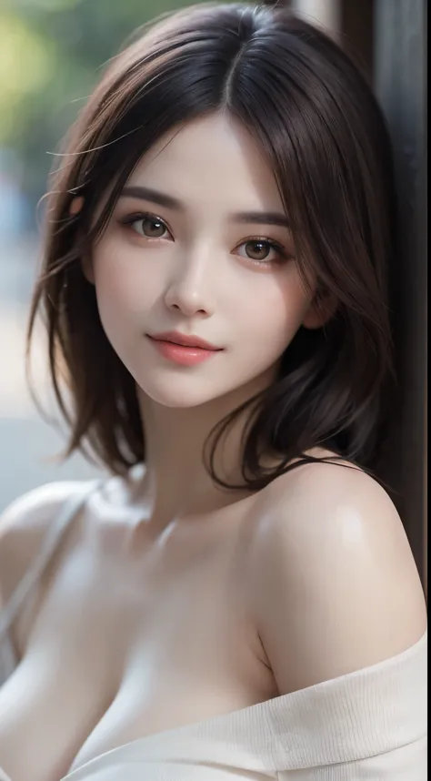 1 Woman, (Ultra Realistic, High Resolution), (Very Detailed Eyes, Very Detailed Hair, Very Detailed Face, Very Detailed Plump Lips), (Off-the-shoulder Open-Chest Attire), Breasts, Full Length, Affectionate Face, Beautiful Landscape, (Top Quality: 1.4), Raw...