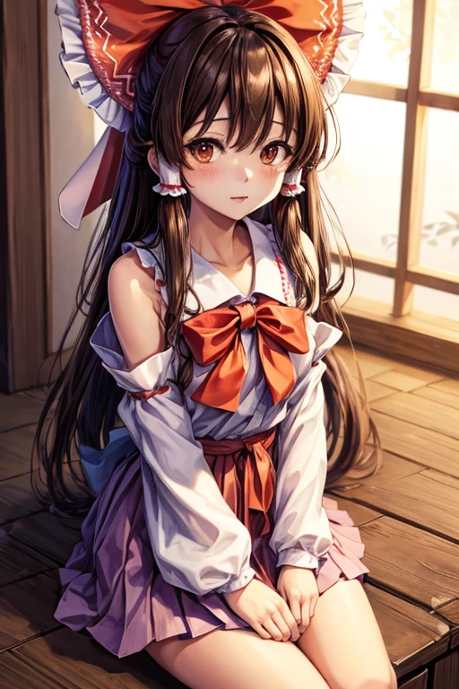 reisen_udongein_inaba,reimu hakurei, (brown eyes:1.5), brown hair, bow, hair bow, hair tubes, long hair, red bow,