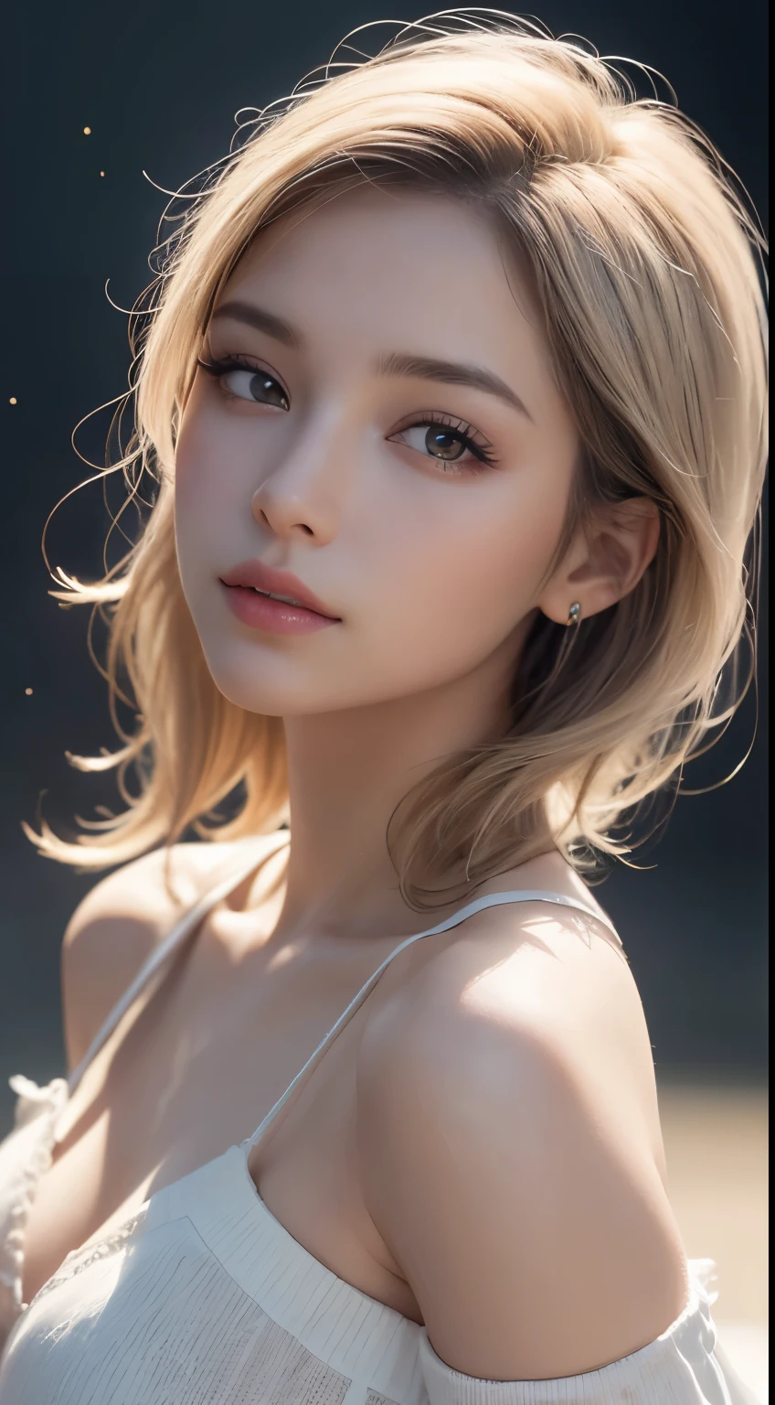 1girl, Extremely cute, amazing face and eyes, (extremely detailed beautiful face), (Ultra realistic), (highly detailed eyes, highly detailed hair, highly detailed face, highly detailed plump lips), (off shoulder), breasts, upper body, caute smile, (best quality:1.4), Raw photo, (realistic, photo-realistic:1.37), professional photography, cinematic light, Best quality, Masterpiece, (Realistic:1.2), 1 girl, Detailed face, Beautiful eyeasterpiece:1.2, Best quality), (fine detailed beautiful eyes: 1.2), (Extremely detailed Cg Unity 8K wallpaper, Masterpiece, Best quality, Ultra-detailed, Best shadow), (Detailed background), (Beautiful detailed face, Beautiful detailed eyes), High contrast, (Best illumination, An extremely delicate and beautiful),1girll,((colourful paint splashes on transparent background, Dulux,)), Dynamic Angle, beautiful detailed glow, full bodyesbian, Cowboy shot, White hair, Purple eyes, Best quality, Masterpiece, (Realistic:1.2), lotus flower, Glowing, In the night sky, Full of stars, The is very detailed, Ultra-high resolution, Ultra-high quality, (photograph:1.2)、(photorealistic:1.3)、(masterpiece:1.3)、(Highest image quality:1.4)、ultra high resolution、(detailed eyes)、(detailed facial features)、(Detailed garment features)、8K resolution、solo focus、30 year old mature woman、small face、no makeup、Detailed beautiful eyes、bangs、dark brown hair、short cut hair、(realistic skin)、beautiful skin、charming、ultra high resolution、Super realistic、High definition、Camisa branca aberta,middlebre、small breasts、bust B cup、small breasts、cool beauty、