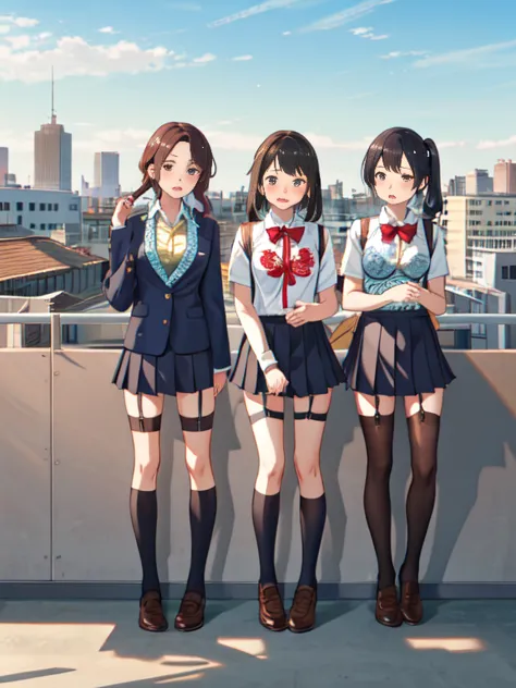 highest quality, ultra high resolution, perfect anatomy, three girls, multiple girls, , school rooftop、spread your legs, embroid...