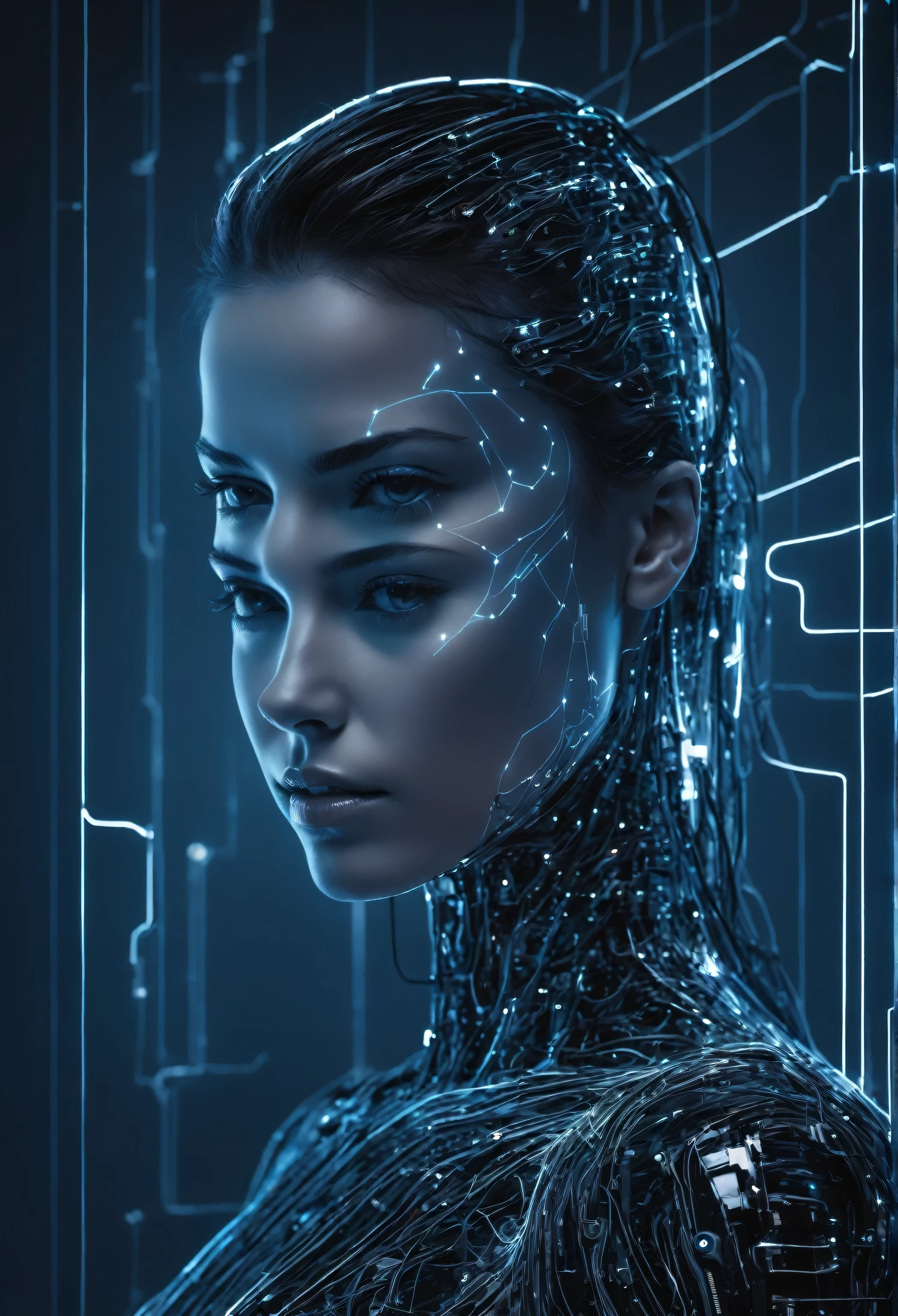 An abstract and minimalist depiction of a terminator-like TX woman cyberhacker. She has soft, ethereal facial and body features contrasted by subtly outlined cybernetic implants, showing her cyborg nature. Her eyes glow with a cybernetic light, focused on hacking, represented by digital lines and codes flowing in the air before her. The background is simplistic, with gray and black tones, evoking a digital dystopia atmosphere. Soft, directional lighting creates shadows that emphasize the tension between humanity and technology. The scene captures her intense concentration on her digital objective, immersed in an abstract data world.