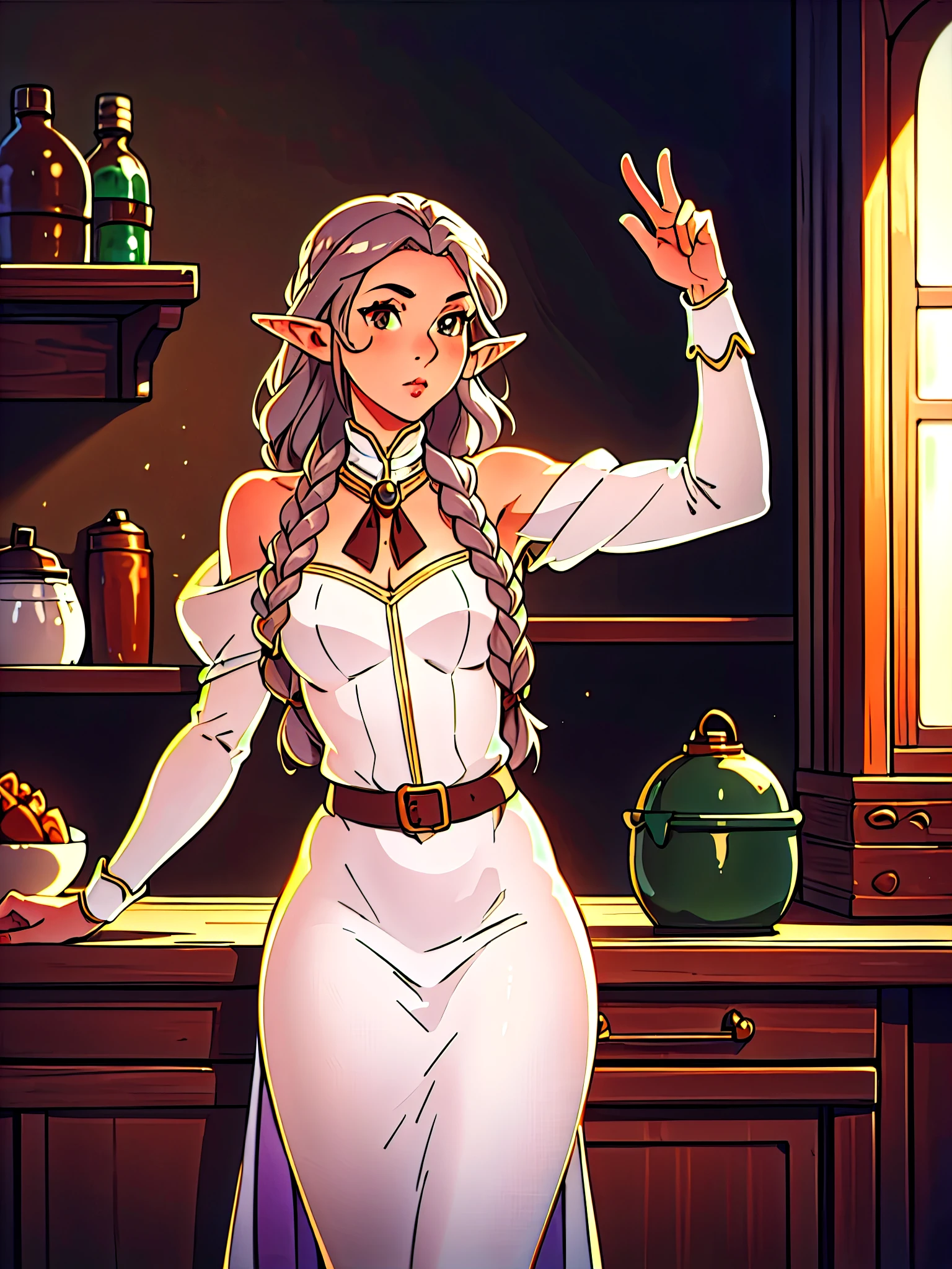 (masterpiece, best_quality, ultra-detailed, immaculate:1.3), epic, illustration, welcoming, 1girl, witch, elf, brown hair, Rat Tail,low-braided long hair, in a  kitchen, in a  smithy, bombshell hair, vivid silver hair, hair ribbon,Sugar and Spice Curls, jojo pose