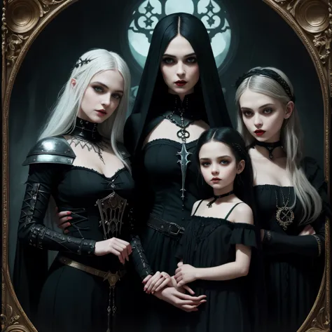 gothic Italian white ethnic Bikini warrior mom and her daughters white ethnic, full figure, perfect posing for a photo, goth fam...