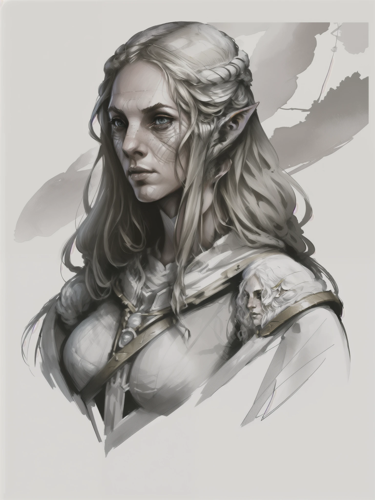 rpp, portrait of a female elf with white long hair, illustration, concept art, in the style of greg rutkowski, 