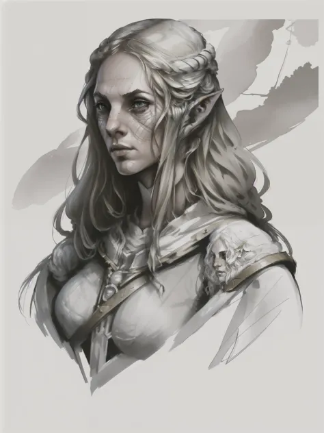 rpp, portrait of a female elf with white long hair, illustration, concept art, in the style of greg rutkowski,