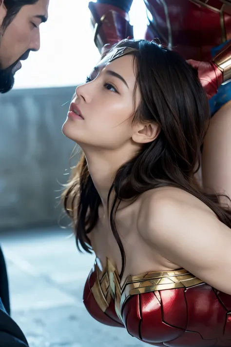 from the side,perfect wonder woman costume,crawl on all fours,It will be filled in the hole,sleeping face,Close ~ eyes,open your mouth,tired face,face of suffering,sky face,sleeping face,fight the men,surrounded by men,,caught between men,being tackled by ...