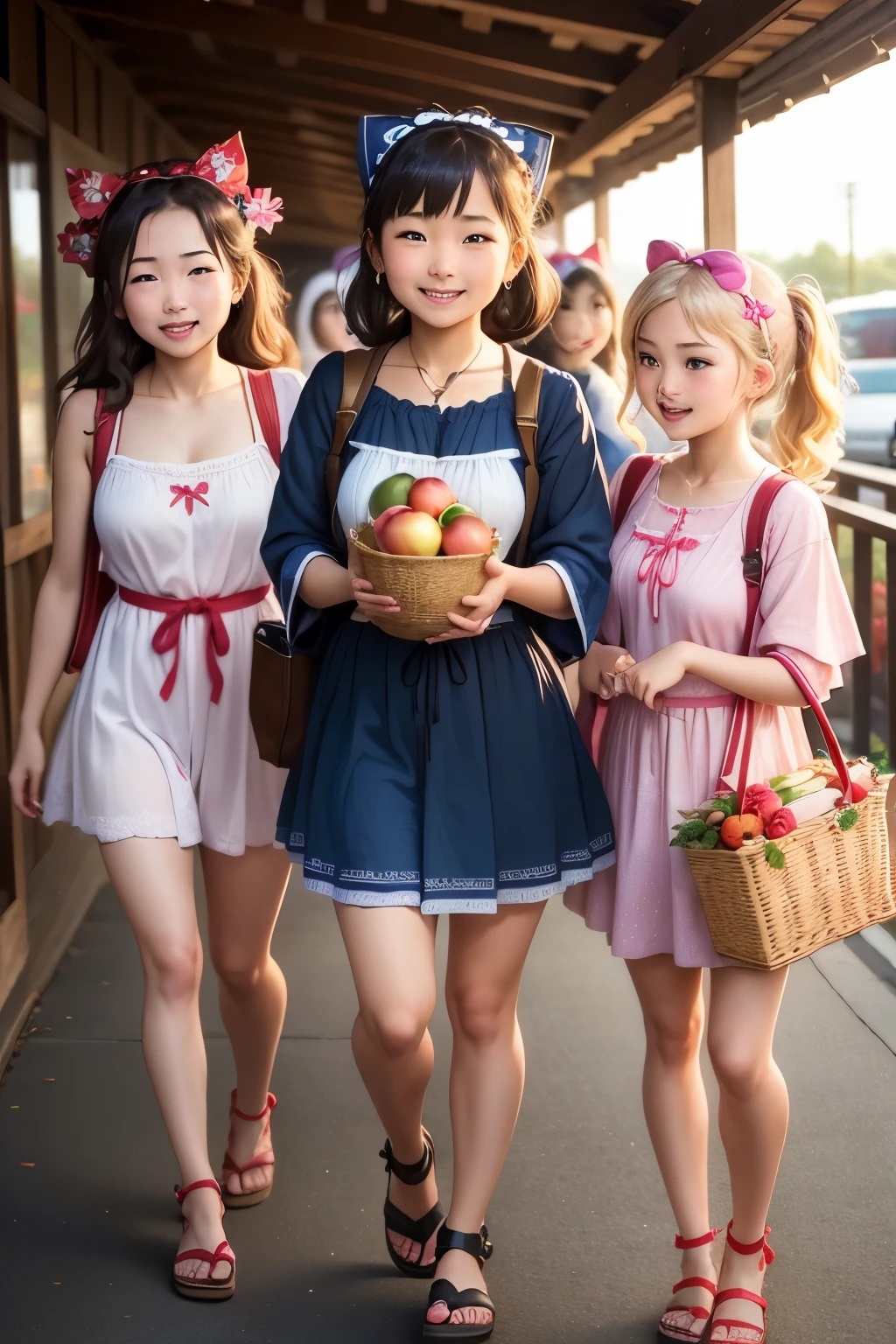 Garota vestida para usar uma textura de pele de aventura、((três lindas mulheres adolescentes:1.5))、Penteado fofo、seios enormes、sorriso、Estilo fresco de peça única、Escolha um yukata fofo com padrão floral ou cores pastel.、Por favor, use sandálias rasteiras nos pés..、Adicione detalhes com uma sacola ou faixa para a cabeça、Ao incorporar cores e padrões brilhantes、、Cria uma impressão linda e fofa、((noite、深noite))、(rabo de cavalo trançado、lindo berço de cabelo&#39;Gosto de participar de festivais de verão locais no verão..、、vestido de Chapeuzinho Vermelho、briga、Andando enquanto cantarola、Parece muito divertido、Tem uma cesta com torta de maçã、Tire fotos de ângulo baixo, Meninas vestidas para uma aventura