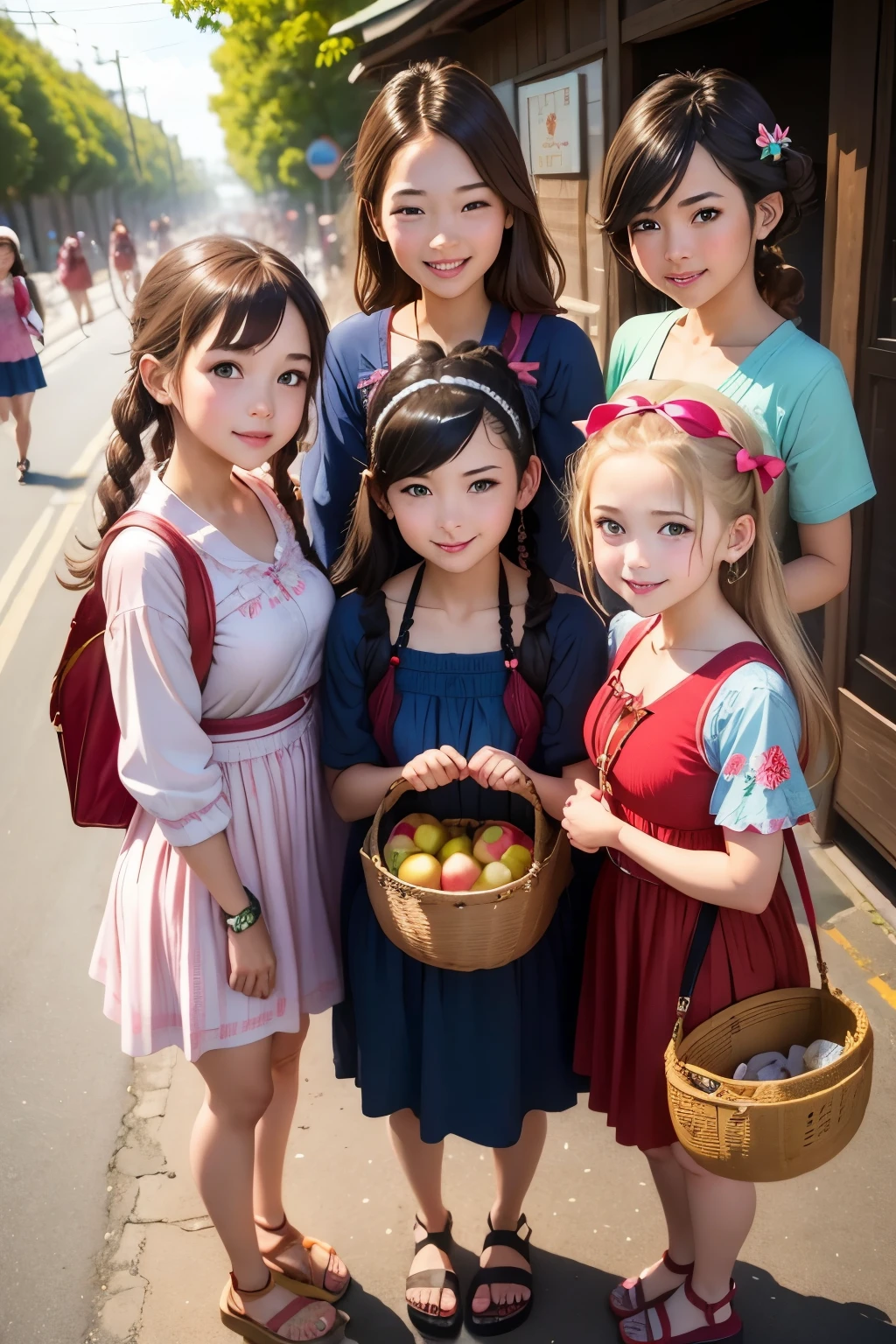 Garota vestida para usar uma textura de pele de aventura、((três lindas mulheres adolescentes:1.5))、Penteado fofo、seios enormes、sorriso、Estilo fresco de peça única、Escolha um yukata fofo com padrão floral ou cores pastel.、Por favor, use sandálias rasteiras nos pés..、Adicione detalhes com uma sacola ou faixa para a cabeça、Ao incorporar cores e padrões brilhantes、、Cria uma impressão linda e fofa、((noite、深noite))、(rabo de cavalo trançado、lindo berço de cabelo&#39;Gosto de participar de festivais de verão locais no verão..、、vestido de Chapeuzinho Vermelho、briga、Andando enquanto cantarola、Parece muito divertido、Tem uma cesta com torta de maçã、Tire fotos de ângulo baixo, Meninas vestidas para uma aventura