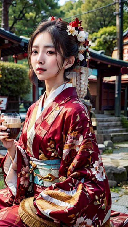 woman in kimono sitting on a bench with a cup of coffee, in kimono, traditional japanese, japanese kimono, wearing kimono, Hanfu...