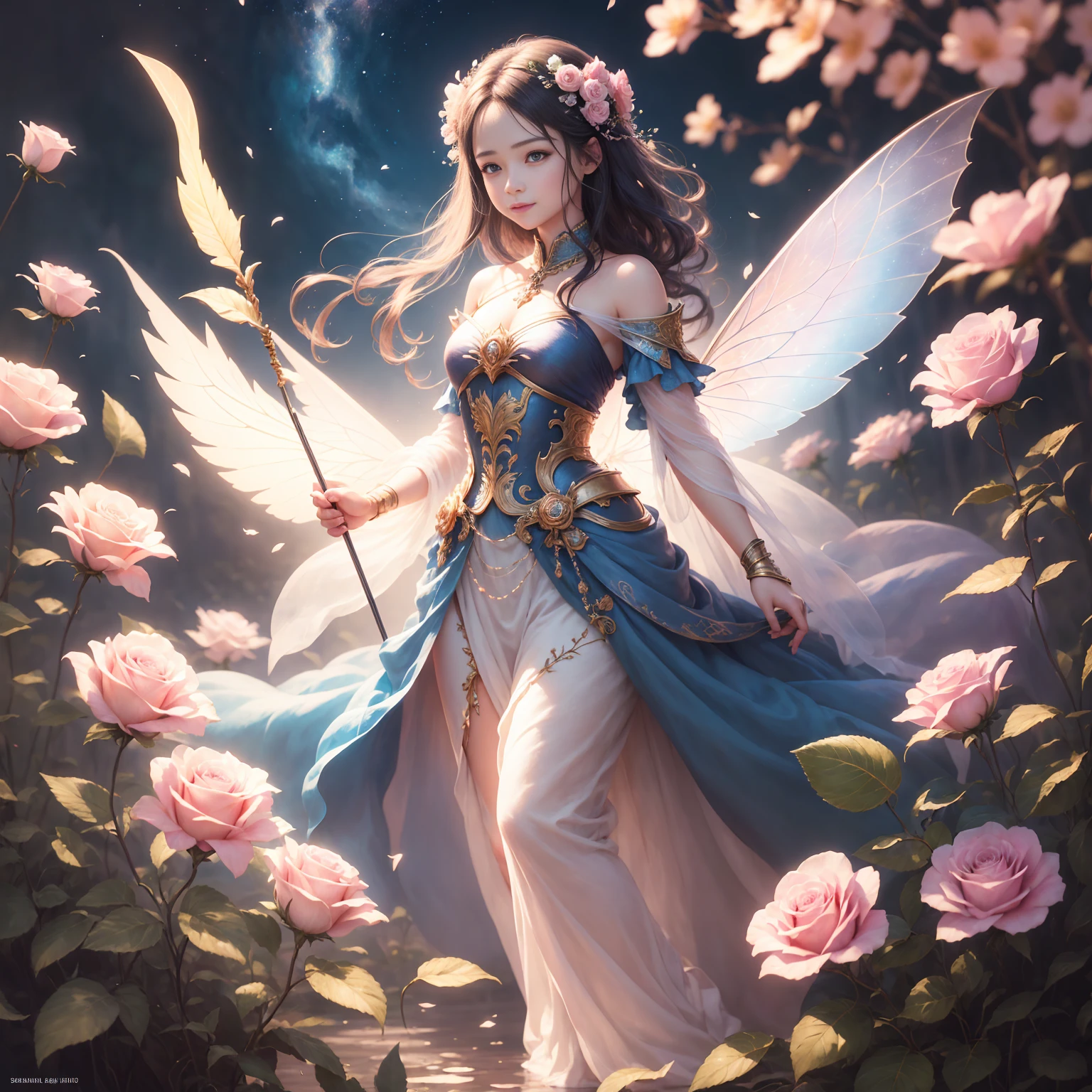 beautiful transparent flower fairy baby, transparent colorful feathers, the cane waving in the wind､The cane shone in the starlight，golden cane，Beautiful blue sky and white clouds、the girl has transparent wings､smile gently､Beautiful garden background､gentle and transparent，correct anatomy, delicate pattern，pink rose space, soft lighting, ( Bokeh)，masterpiece, Super detailed, magnificent composition, highest quality, 8K，Epic romantic fantasy digital art，epic fairy tale fantasy digital art，mythological fantasy，UHD resolution，Detailed detail drawing，Realistic，非常にRealisticな，cinematic lighting,award winning photos,rich colors，Ultra-realistic life-like textures，dramatic lighting