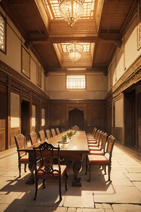 a long palace council table with distinguished chairs standing in a stone floored palace hall 