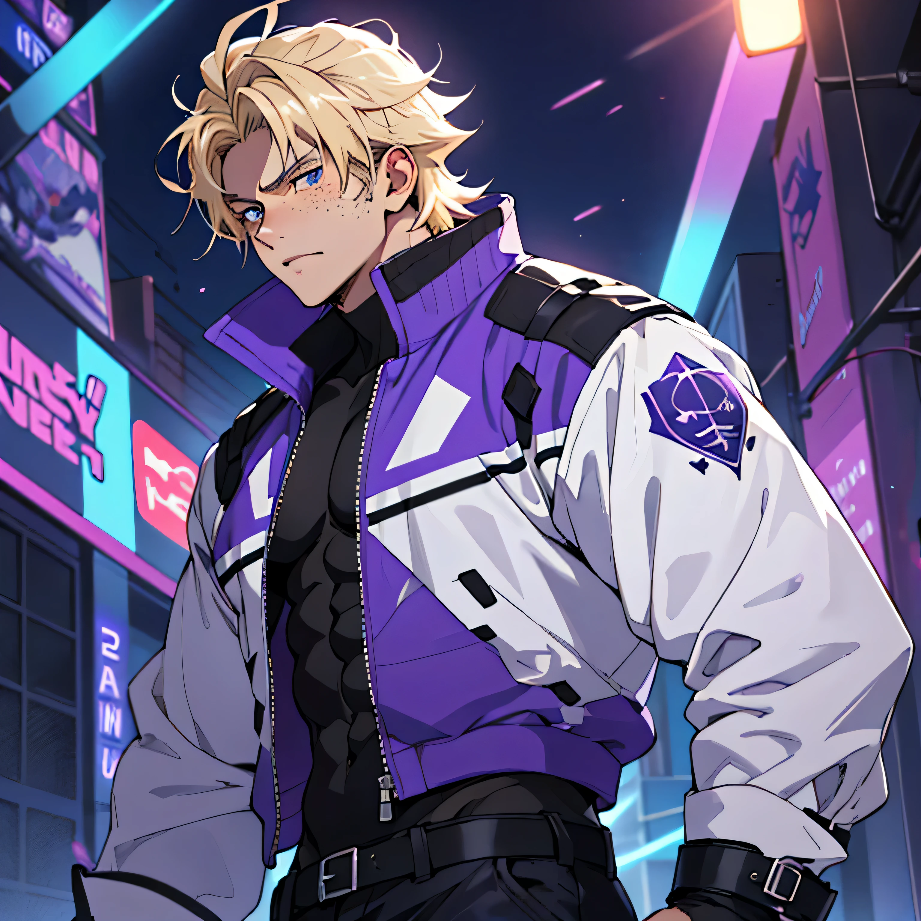 Anime guy in purple jacket standing in front of a neon city - SeaArt AI