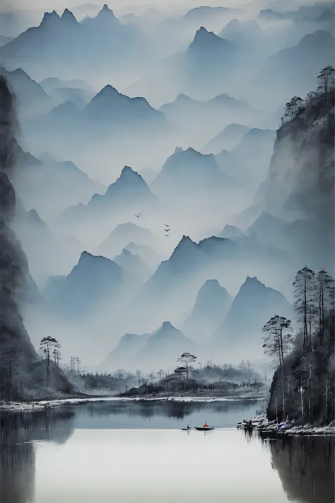 mountain, scenery, no humans, outdoors, bird, water, reflection, sky,masterpiece, best quality