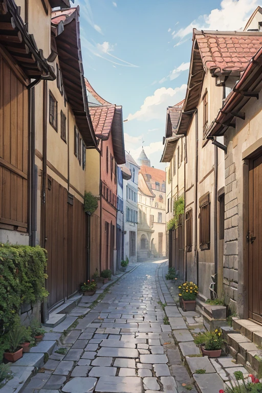 narrow back alley in a slavic medieval city, stone houses, shingled roofs
