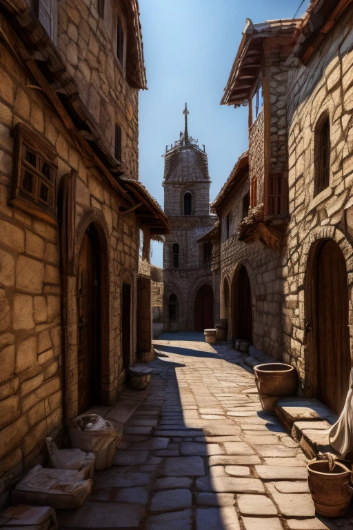 shady narrow back alley in a slavic medieval city, uneven old stone houses, shingled roofs
