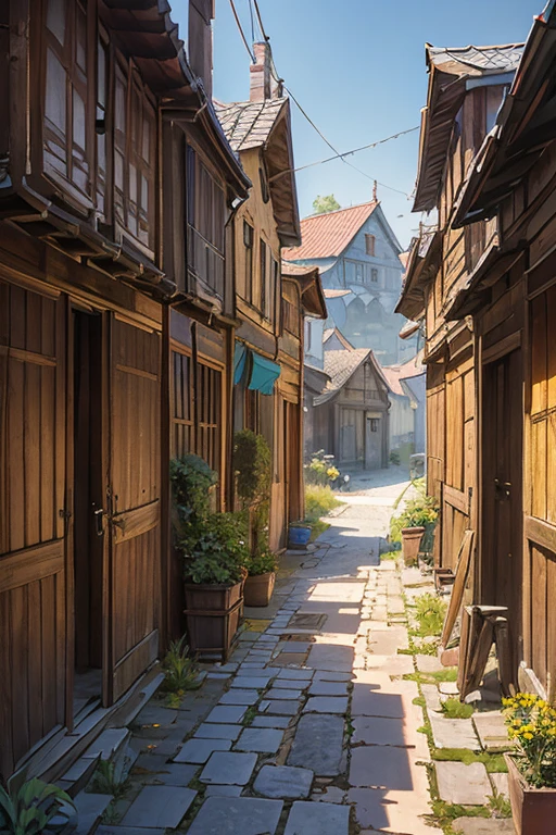 shady narrow back alley in a slavic medieval city, uneven old rickety wooden houses, shingled roofs
