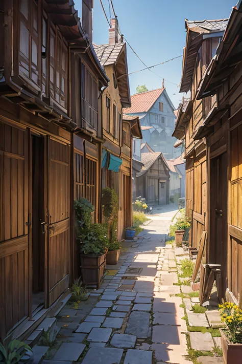 shady narrow back alley in a slavic medieval city, uneven old rickety wooden houses, shingled roofs
