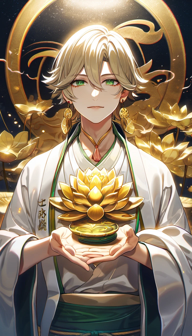 (absurdres, highres, ultra detailed, HDR), master piece, best quality, vibrant green eyes, 1man, handsome face, Taishakuten, ash blond hair, hair between the eyes, white tunic, showing the chest, golden lotus earrings, onmyoji, water, lotus