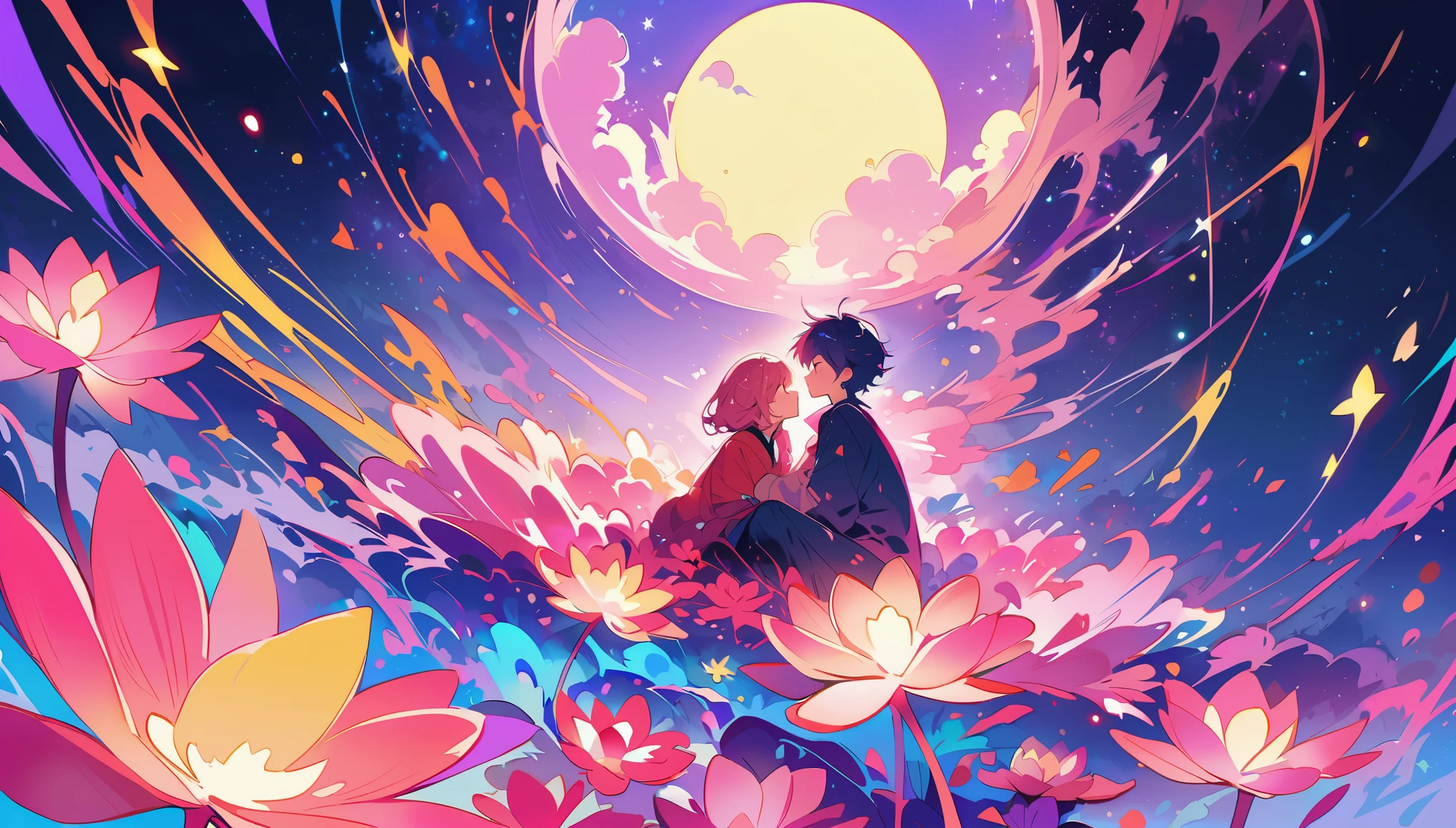 Una pareja sentada en el borde de flores de loto rosadas brillantes, observando la luna en estilo de arte digital. El fondo es morado con estrellas y luces. Se miran con cariño bajo la brillante luz de la luna llena. 