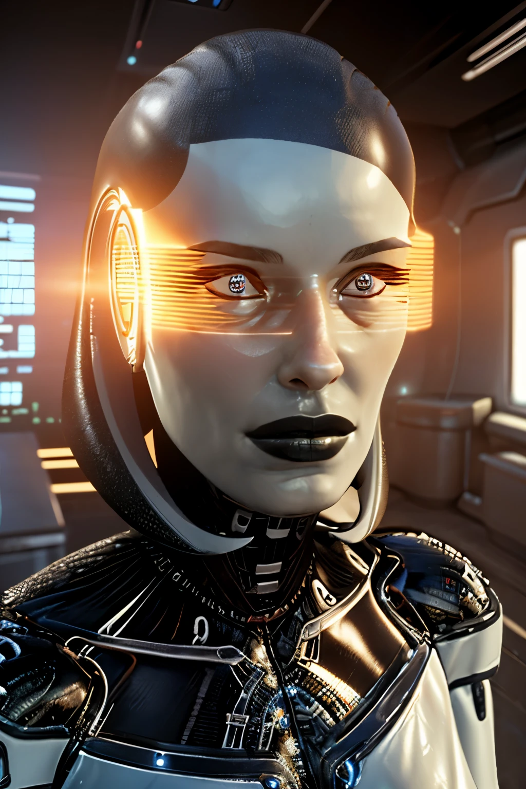 A close up of a woman in a futuristic suit with a futuristic face - SeaArt  AI