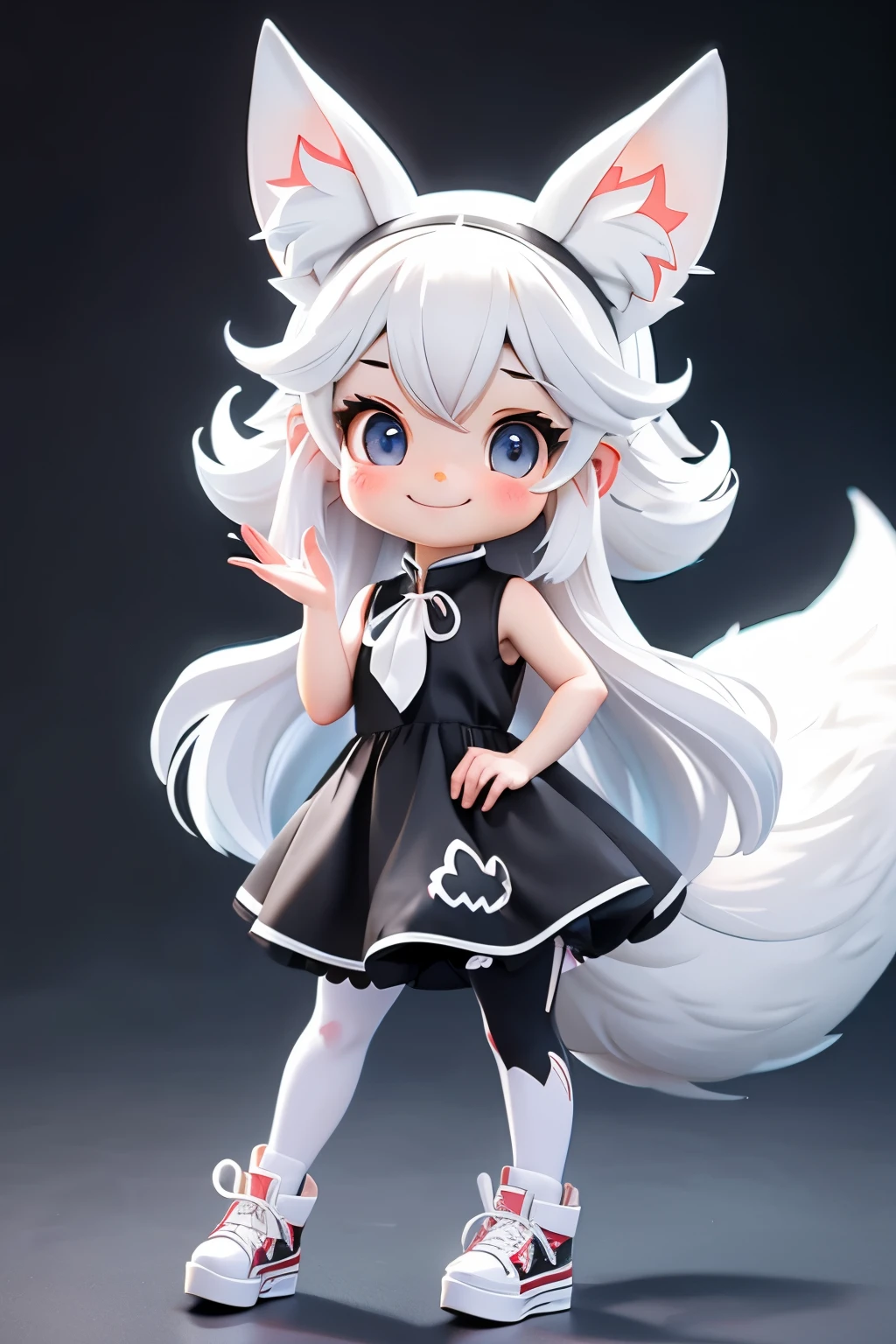 A girl with striking white hair、Fox ears and tail、hair ornaments、black pantyhose、sleeveless、smile、Cute shoes with accessories