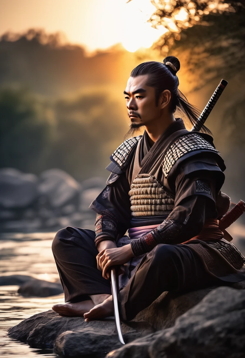 Beautiful Samurai, Meditating sitting, on the edge of a river full of stones, at sunset, ultra realistic photo, perfect face details, good skin texture, perfect shadows and light, award winning photo