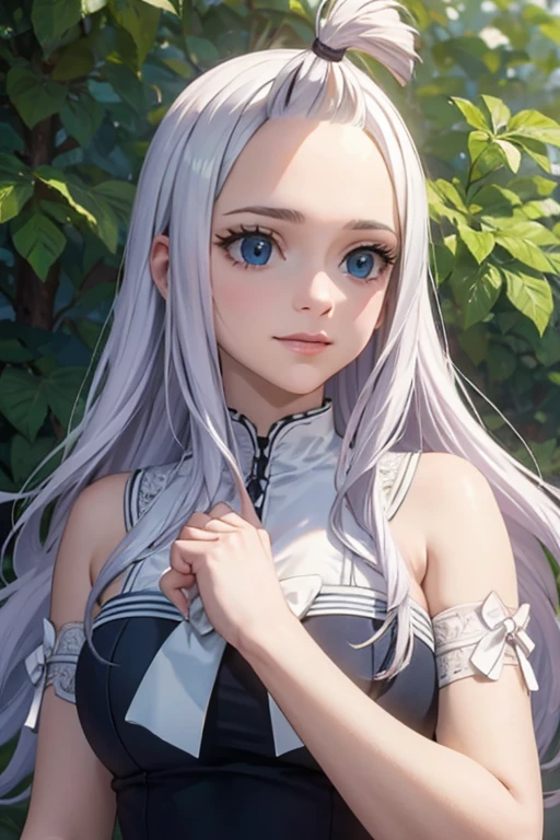 ultra realistic 8k cg, masterpiece, ((ultra detailed background, delicate pattern, intricate detail)), (highly detailed, fine details), best quality, 1girl, (photorealistic:1.4),beautiful lighting, absurdres, RAW photo, film grain,  Mirajane Strauss with a beautiful smile and dark blue eyes at a picnic wearing a simple white dress 