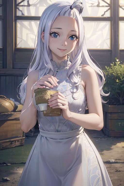 ultra realistic 8k cg, masterpiece, ((ultra detailed background, delicate pattern, intricate detail)), (highly detailed, fine details), best quality, 1girl, (photorealistic:1.4),beautiful lighting, absurdres, RAW photo, film grain,  Mirajane Strauss with a beautiful smile and dark blue eyes at a picnic wearing a simple white dress 