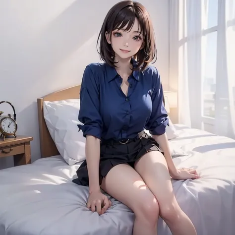 there is a woman sitting on a bed , relaxed pose, smooth anime cg art, (anime girl),(fullnude:1.0),smile,