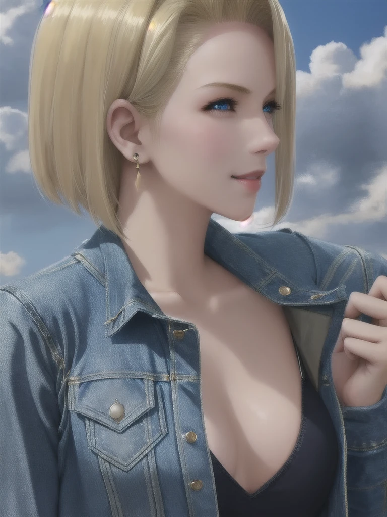 1 girl, alone, android 18, blonde hair, blue eyes, short hair, jewelry, earrings, smile, Jacket, looking to the side, denim, denim Jacket, Upper body, lingerie, closed mouth, cloud, null, Day, look away, blue null, 1 collarb,