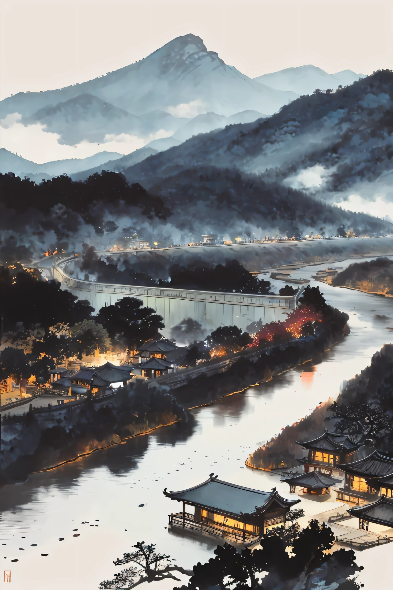 ミックスプラグインレイアウト, By Yoshitaka Amano, デジタルアートと絵画に非常に熟練した (Yoshitaka Amano) 丁寧に作られた. この作品はArtStationで人気があります，Unreal Engineと互換性があります. この風景には伝統的な中国の建築的特徴が見られる，都市の景観は深い森のようだ, 雄大な山々を背景にした，流れる水と微妙な要素.