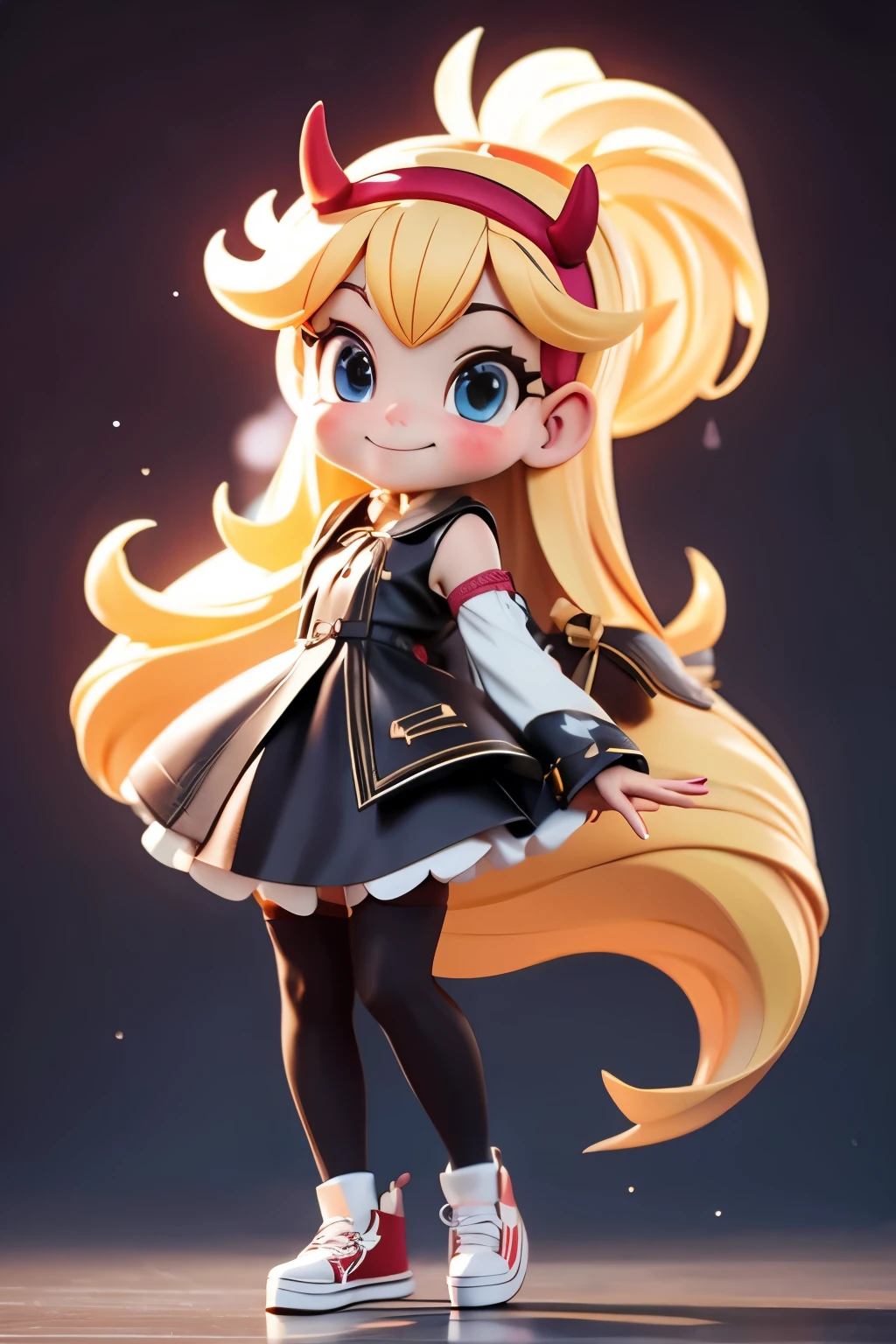 A girl with impressive blonde hair、fox tail、hair ornaments、black pantyhose、No sleeve、smile、Cute shoes with accessories、horn hair band、dynamic pose