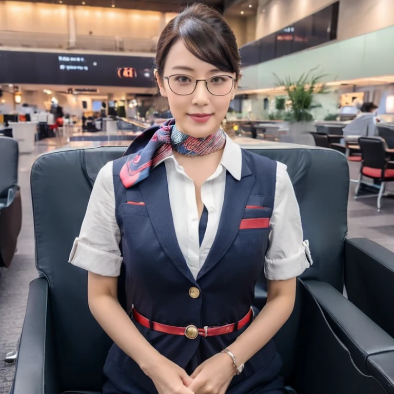 (super high quality、8K、masterpiece，High resolution), hair, fine eyes, Beautiful plain Japanese woman, 35 years old, Glasses, plump body, huge breasts、cleavage，きれいに編み込みアップしたhair,　Beautiful stewardess outfits，wrap a scarf around your neck，A quiet first class lounge in a real airport，wedding ring, Taken at the best angle，