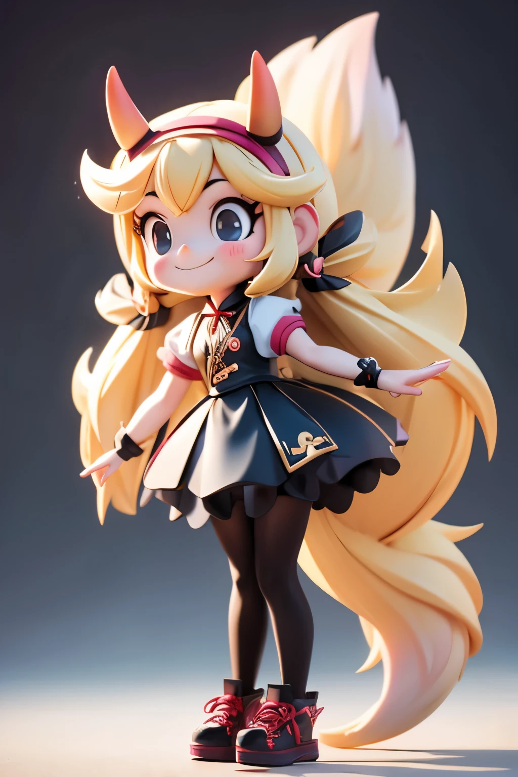 A girl with impressive blonde hair、fox tail、hair ornaments、black pantyhose、No sleeve、smile、Cute shoes with accessories、horn hair band、dynamic pose