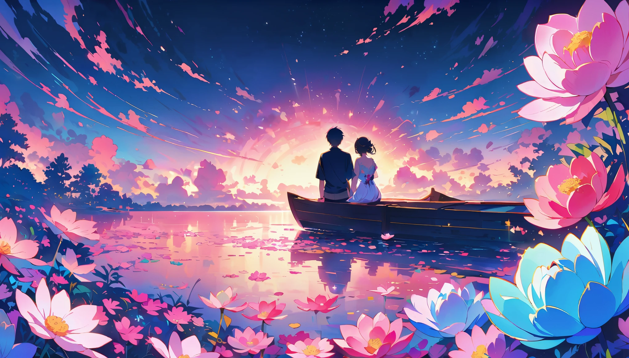 A couple sits on the edge of an endless sea made entirely of pink lotus flowers, with their backs to each other and facing away. The bright moon shines before them, creating a romantic atmosphere. This is illustrated in the style of anime art with a touch of illustration. It features vibrant colors and a night scene, with neon lights shining through the petals. One hand holds a bouquet of roses, while another person holds hands with their lover, focusing on their face.ray tracing,{best quality}, {{masterpiece}}, {highres}, original, extremely detailed 8K wallpaper, {an extremely delicate and beautiful},,incredibly_absurdres,colorful,intricate detail,artbook,
