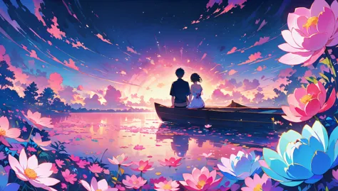 A couple sits on the edge of an endless sea made entirely of pink lotus flowers, with their backs to each other and facing away....