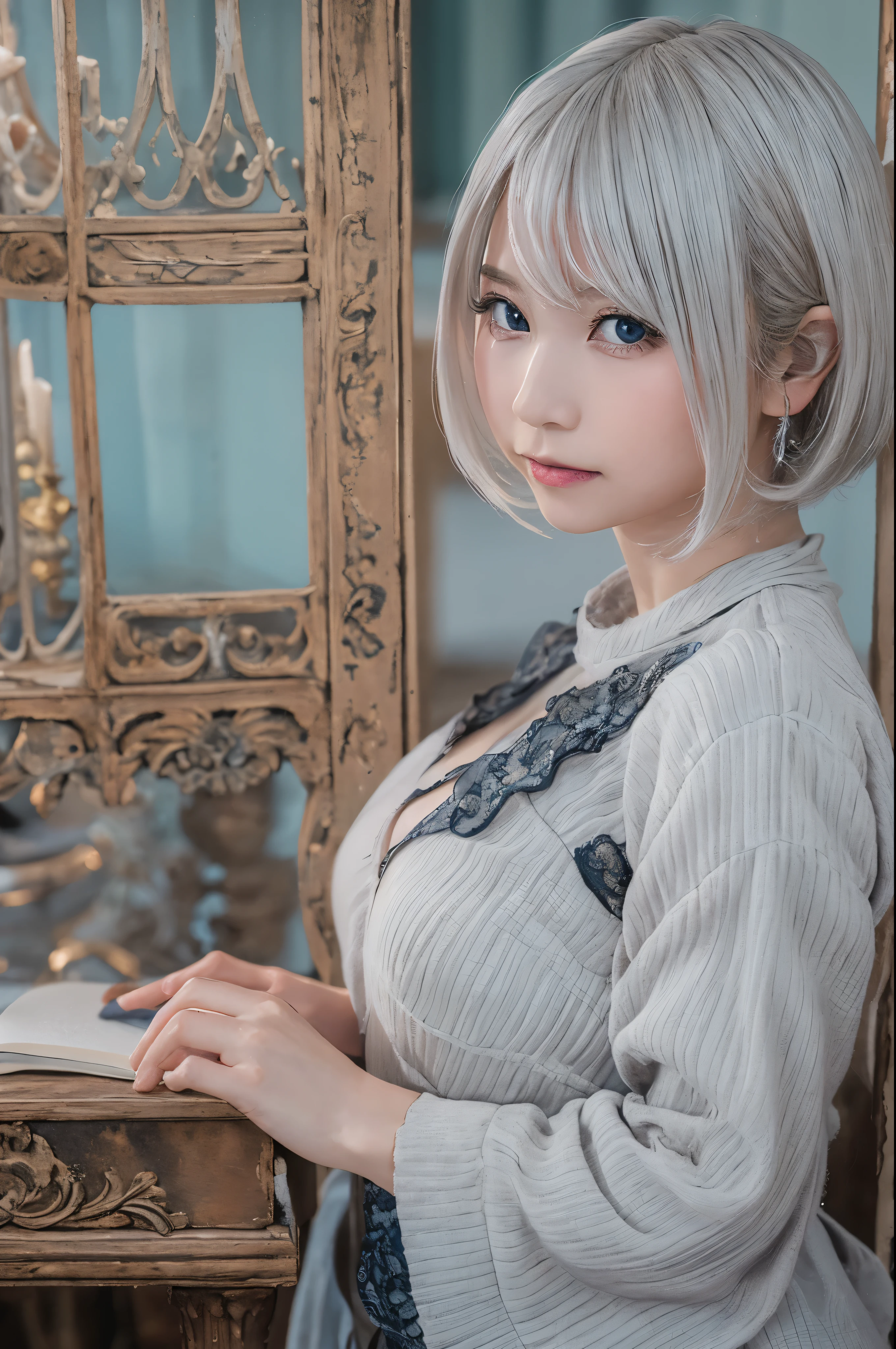 ((high quality)),table top,(Detailed depiction of local details:1.2),1 Japanese girl,(plump breasts:1.3),Enchanted Valley,closed mouth,eyelash,looking at the viewer,portrait,alone,Upper body,gray hair,white theme,short hair,silver hair,Yoruhano. 2 Type B,