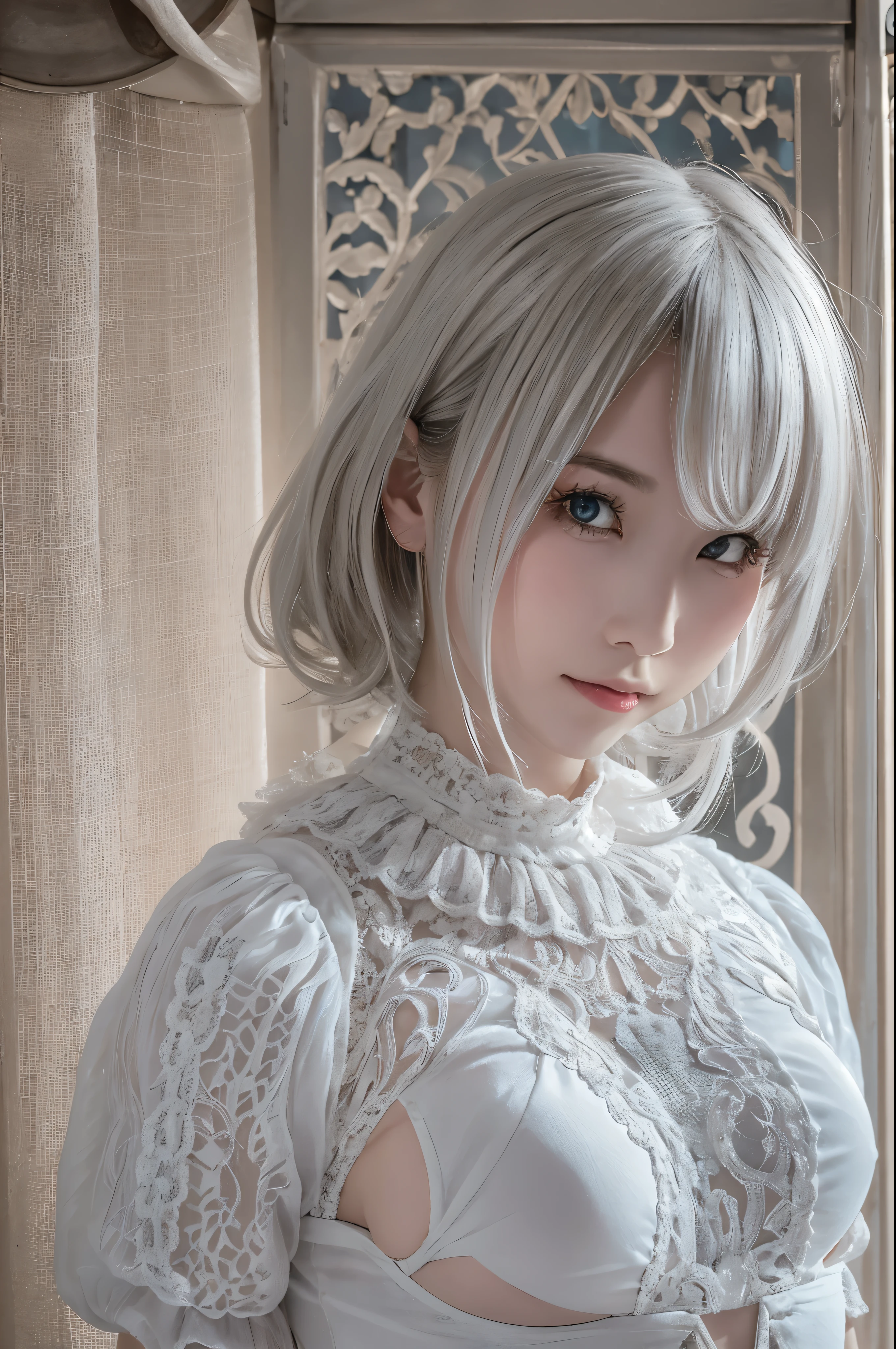 ((high quality)),table top,(Detailed depiction of local details:1.2),1 Japanese girl,(plump breasts:1.3),Enchanted Valley,closed mouth,eyelash,looking at the viewer,portrait,alone,Upper body,gray hair,white theme,short hair,silver hair,Yoruhano. 2 Type B,