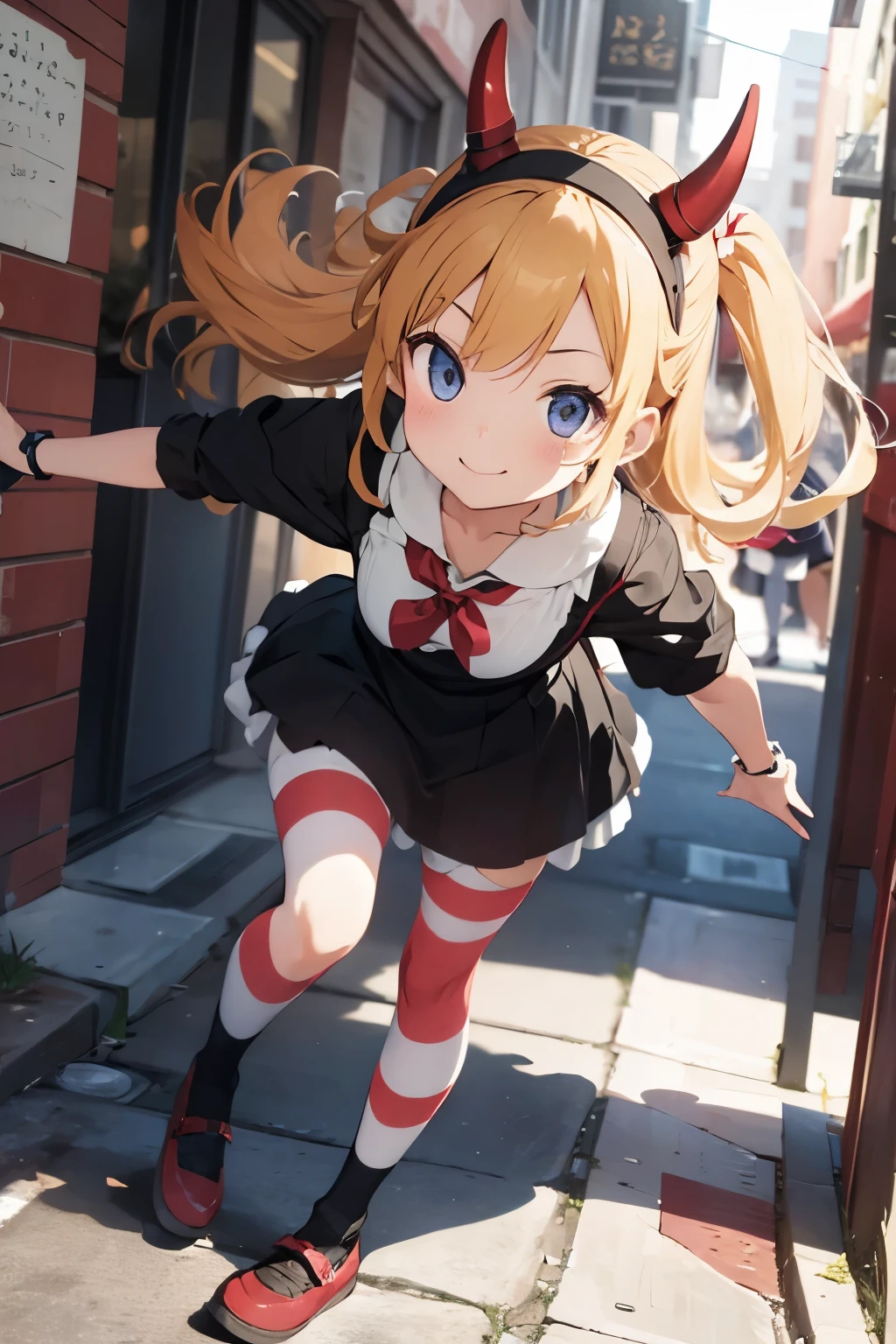 A girl with impressive blonde hair、hair ornaments、black pantyhose、No sleeve、smile、Cute shoes with accessories、Red horn headband、dynamic pose