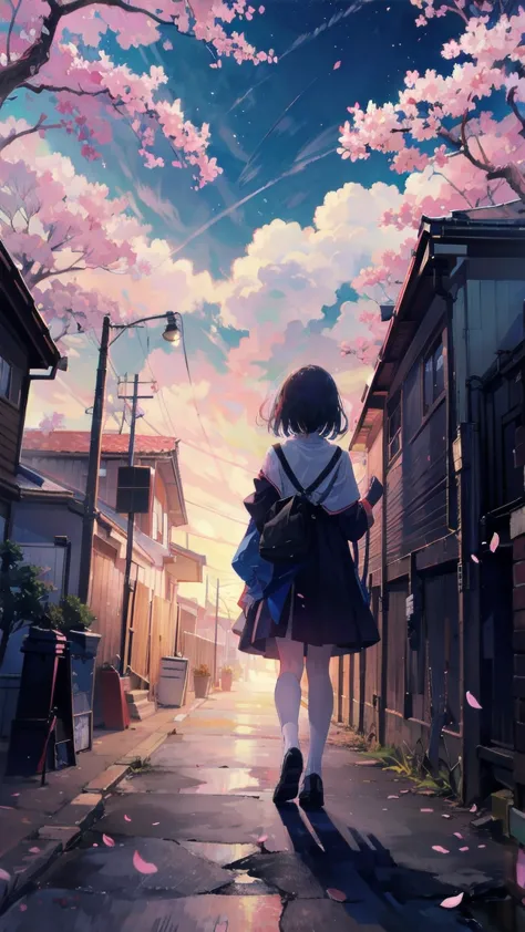 見上げるgirl シーン 1: shadow of cherry blossoms at dusk a girl standing quietly with the sky behind her, tinted blue. 彼女の目の前にそびえ立つのはバベ...