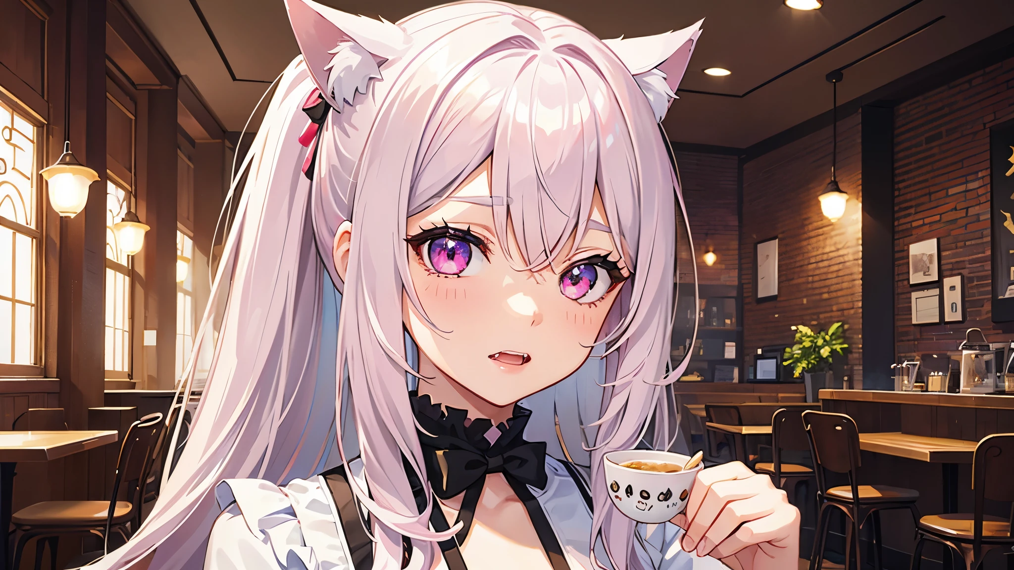 Anime girl with long hair and cat ears holding a cup of coffee - SeaArt AI