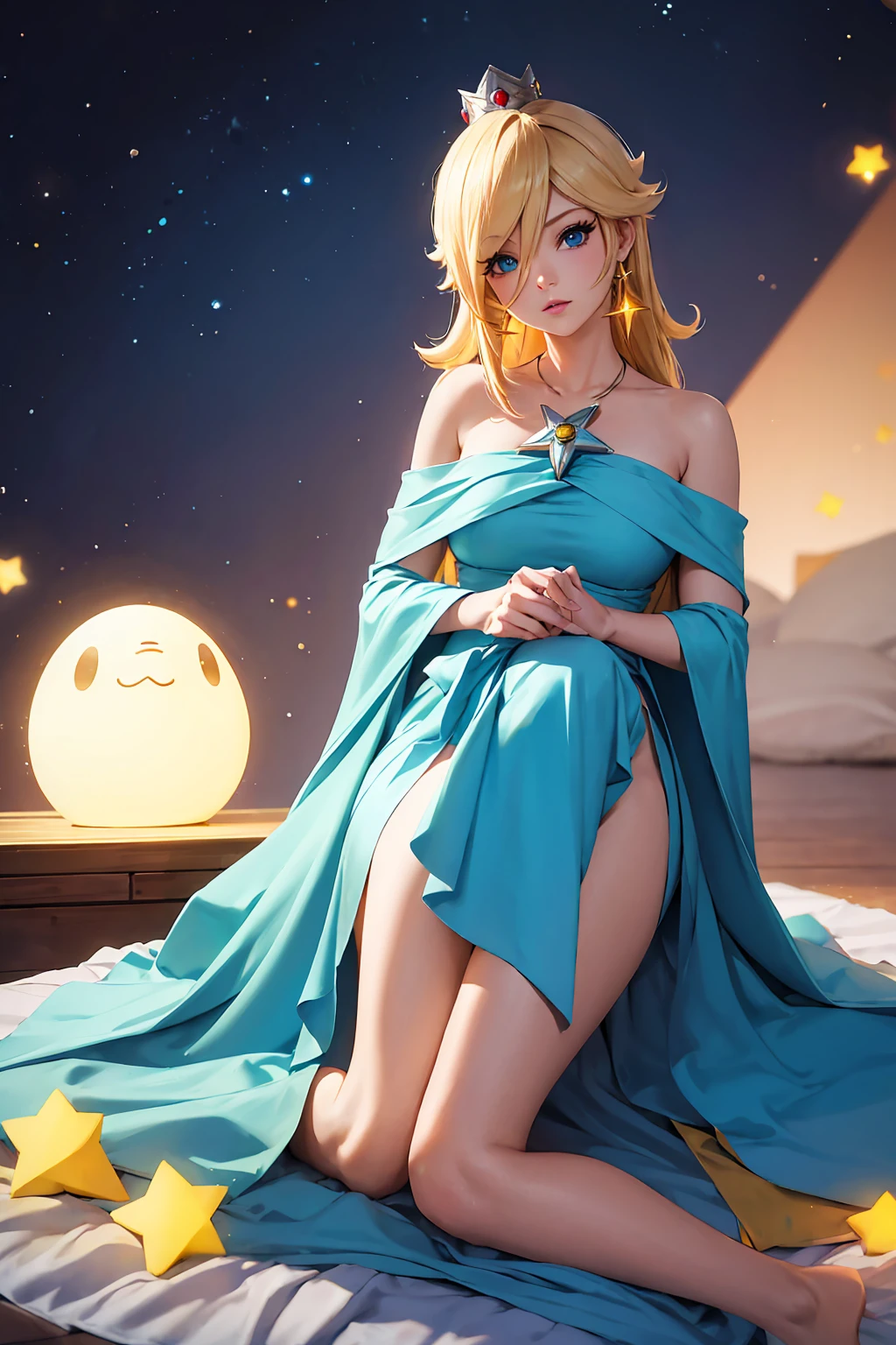 (masterpiece), best quality, expressive eyes, perfect face, highres, 1 girl, solo, rosalina, blonde hair, blue eyes, hair over one eye, long hair, blue dress, crown, dress, earrings, jewelry, princess, robe, bare shoulders, barefoot, star earrings, space, starry background, glowing particles, good illumination, sitting on floor, portrait, looking at the viewer