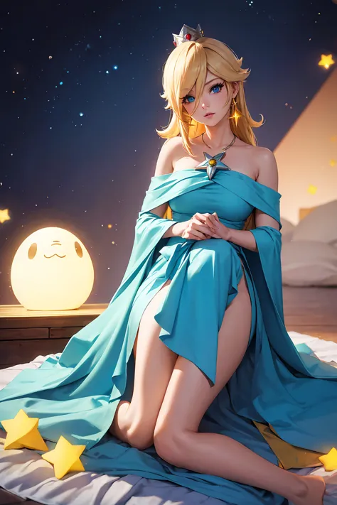 (masterpiece), best quality, expressive eyes, perfect face, highres, 1 girl, solo, rosalina, blonde hair, blue eyes, hair over o...