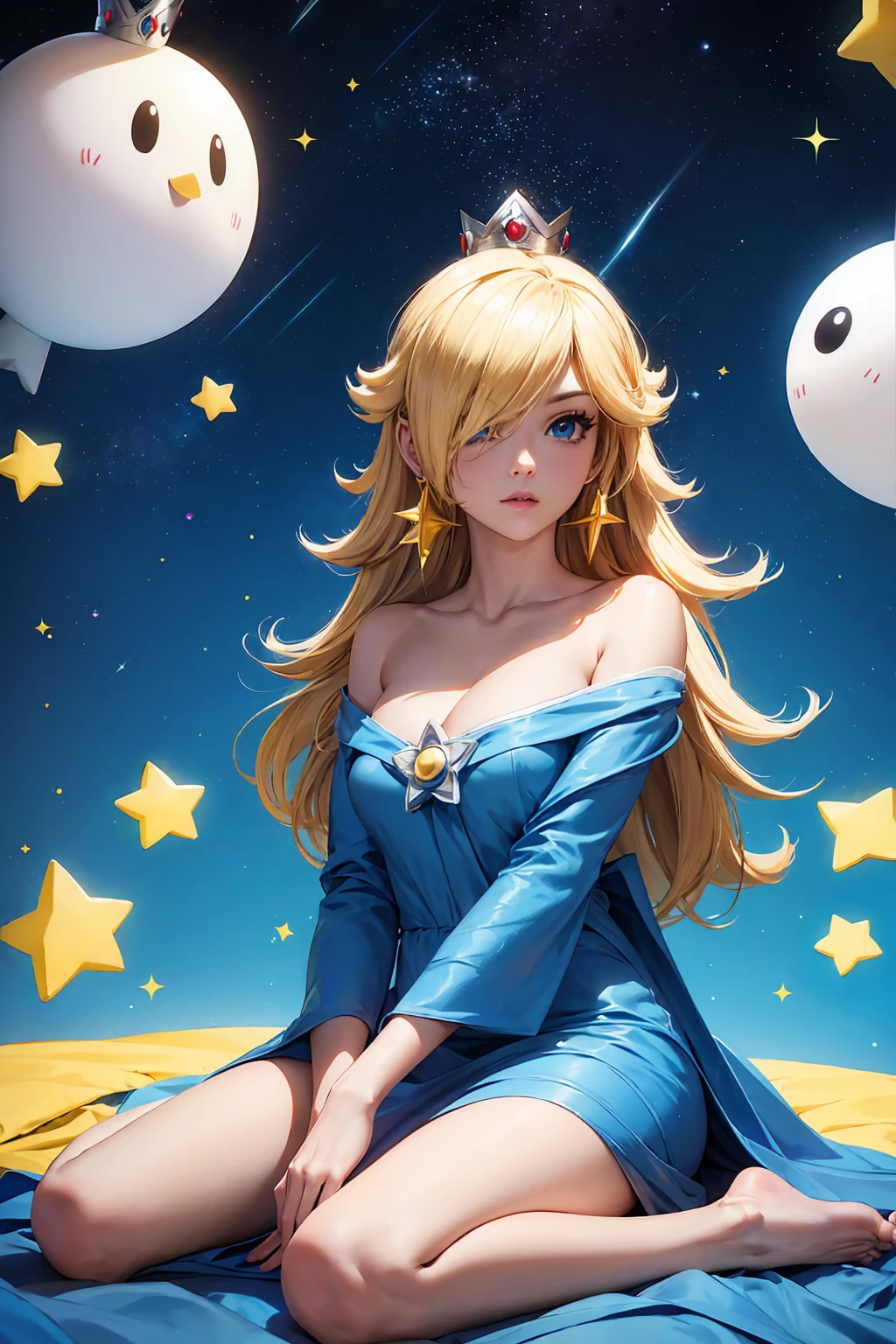 (Meisterwerk), beste Qualität, ausdrucksstarke Augen, perfektes Gesicht, highres, 1 Mädchen, Allein, Rosalina, Blondes Haar, blaue Augen, Haare über einem Auge, lange Haare, blue Kleid, Krone, Kleid, Ohrringe, Schmuck, Prinzessin, robe, nackten Schultern, barfuß, star Ohrringe, Raum, Sternenhimmel Hintergrund, glühende Partikel, gute Ausleuchtung, auf dem Boden sitzen, Porträt, den Betrachter anschauen