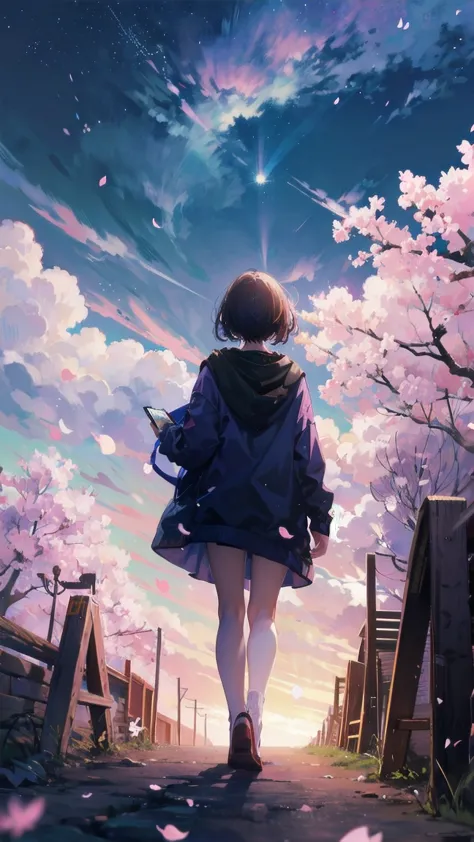 見上げるgirl シーン 1: shadow of cherry blossoms at dusk a girl standing quietly with the sky behind her, tinted blue. 彼女の目の前にそびえ立つのはバベ...