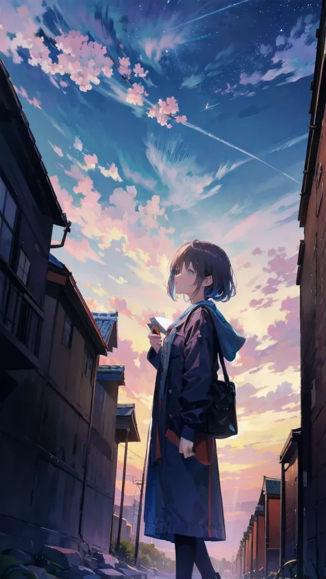 見上げるgirl シーン 1: shadow of cherry blossoms at dusk a girl standing quietly with the sky behind her, tinted blue. 彼女の目の前にそびえ立つのはバベ...