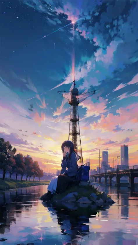 見上げるgirl シーン 1: shadow of cherry blossoms at dusk a girl standing quietly with the sky behind her, tinted blue. 彼女の目の前にそびえ立つのはバベ...