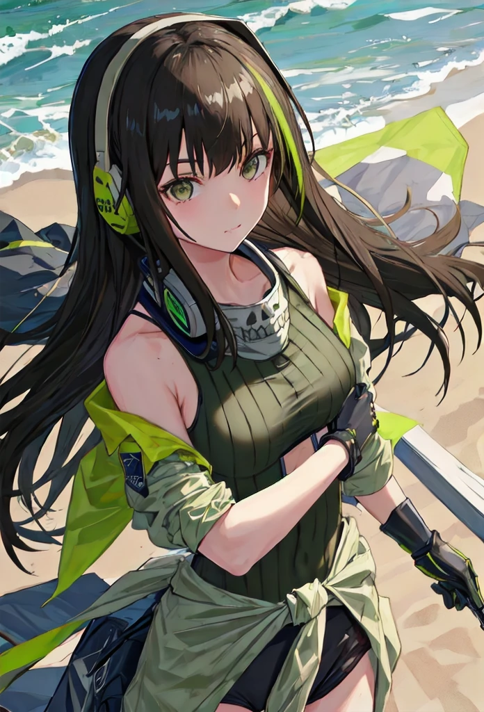 {safe:1.10}, best quality, masterpiece, highres, solo, {m4a1_girlsfrontline:0.90}, portrait, looking_at_viewermakeup, neckerchief, green armband, green one-piece sweater, black hair, long hair, (earphones), brown eyes, sand-colored windbreaker tied around the waist outdoors, at nig (in love), from above, black leotard, 